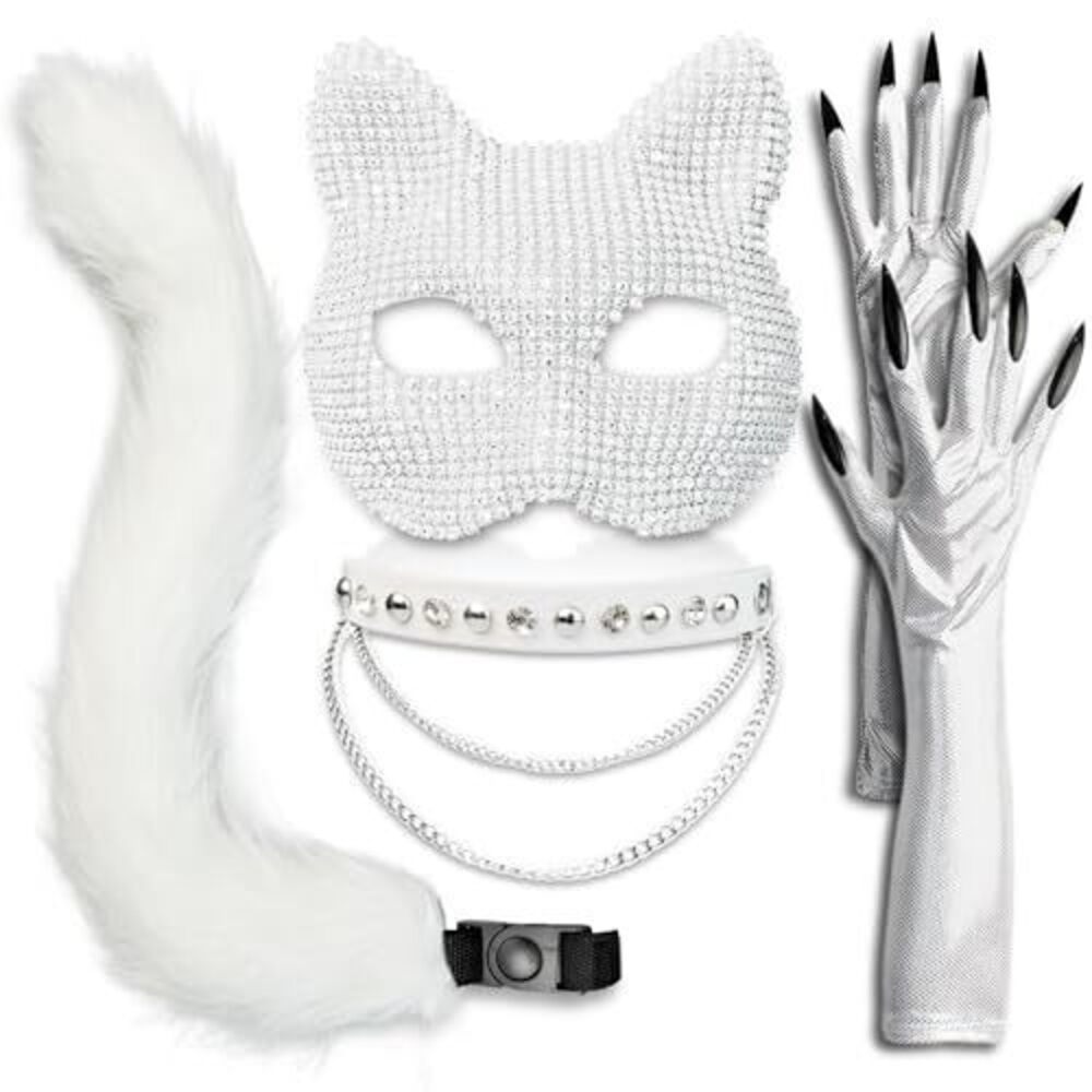 3178 Cat Costume - Rhinestone Masquerade Mask Cat Collar Choker Gloves